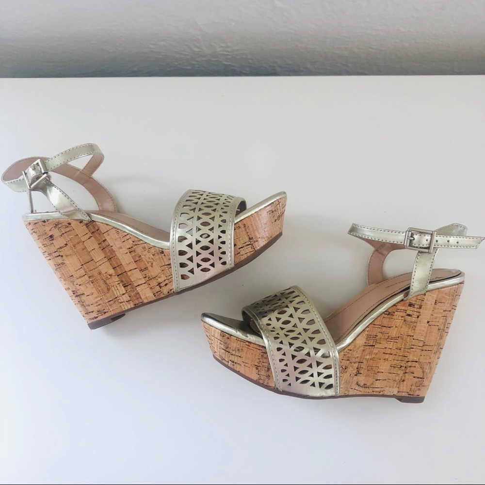 BCBG | Pippi Gold Strap Cork Wedges | Size 7